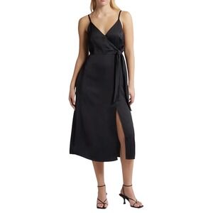 Chelsea28 Black Satin Midi Wrap‎ Dress Tie Waist Spaghetti Straps Formal Evening